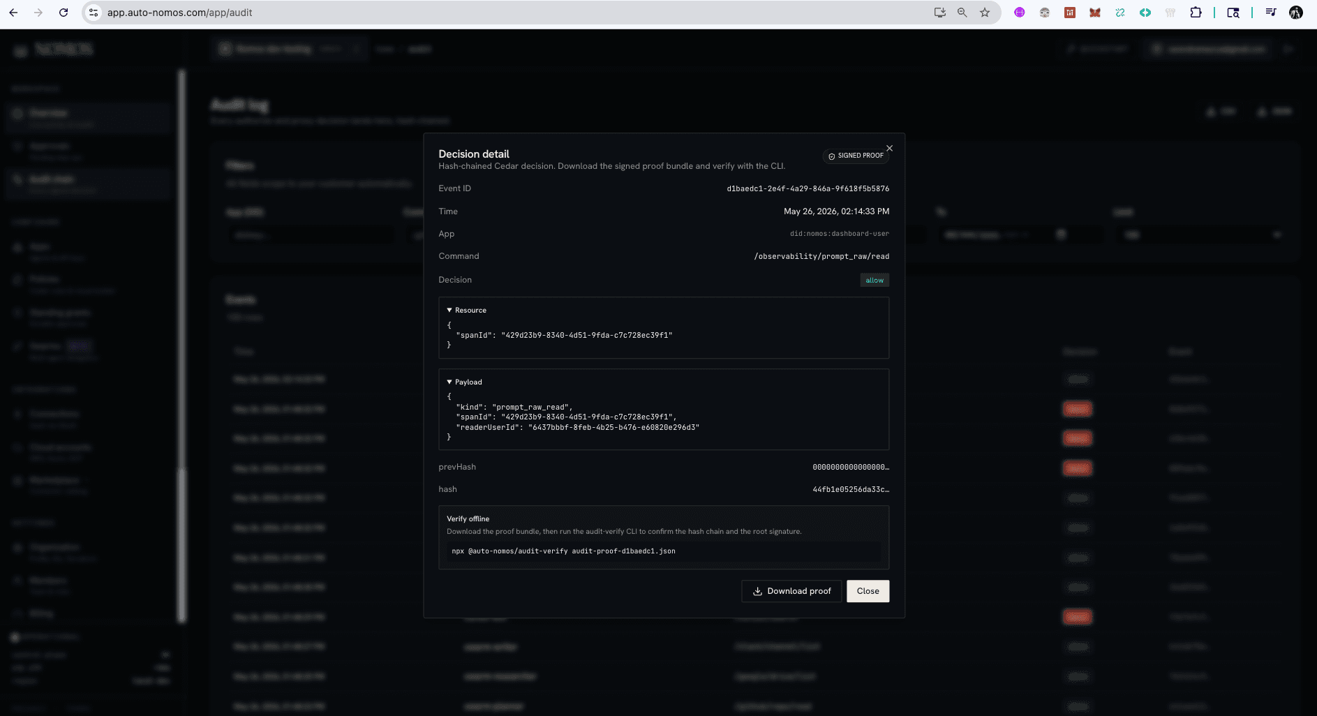 Audit Decision detail drawer showing Record/Payload JSON, prevHash + hash, and a Verify offline command with Download proof