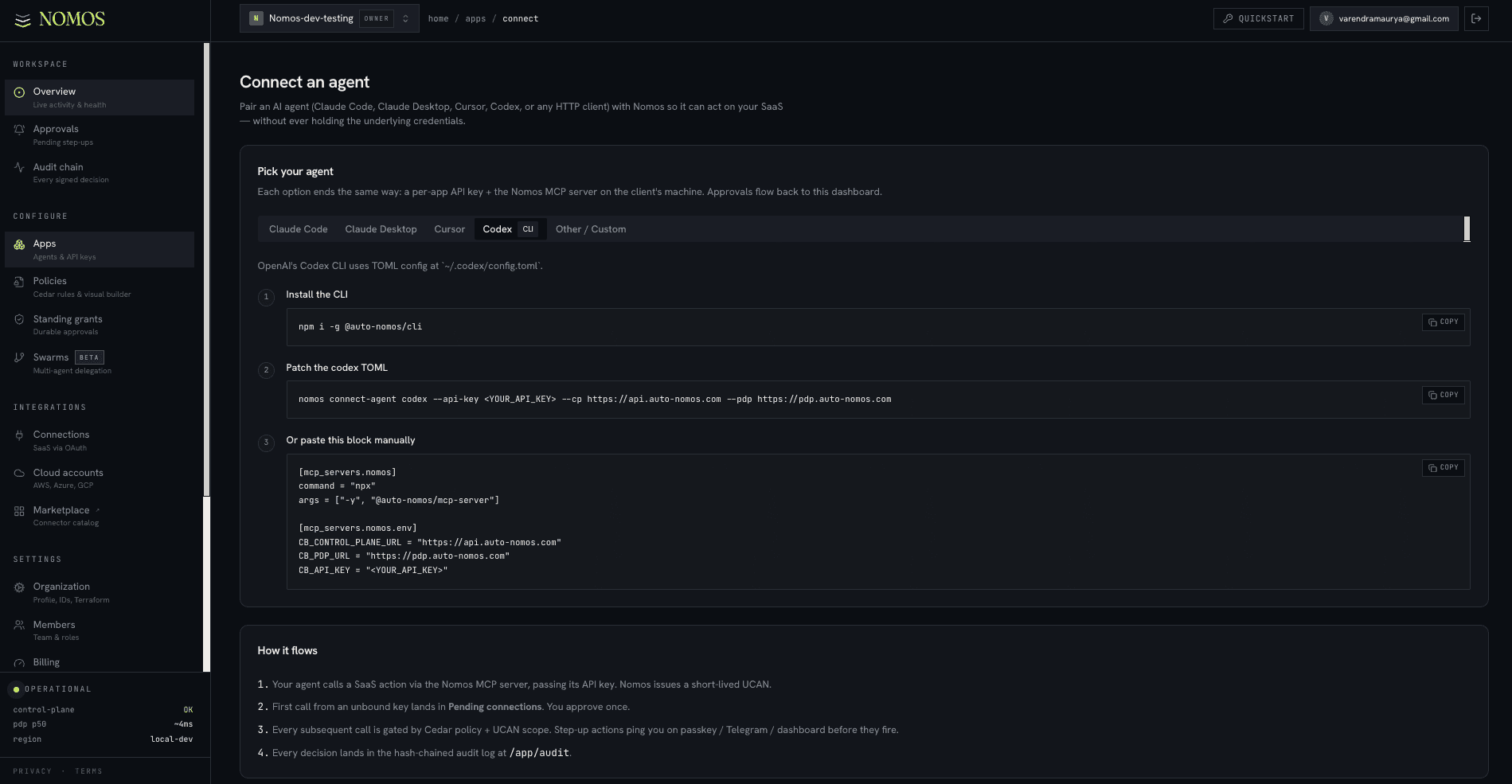 Connect an agent page, Codex tab, showing the [mcp_servers.nomos] TOML block