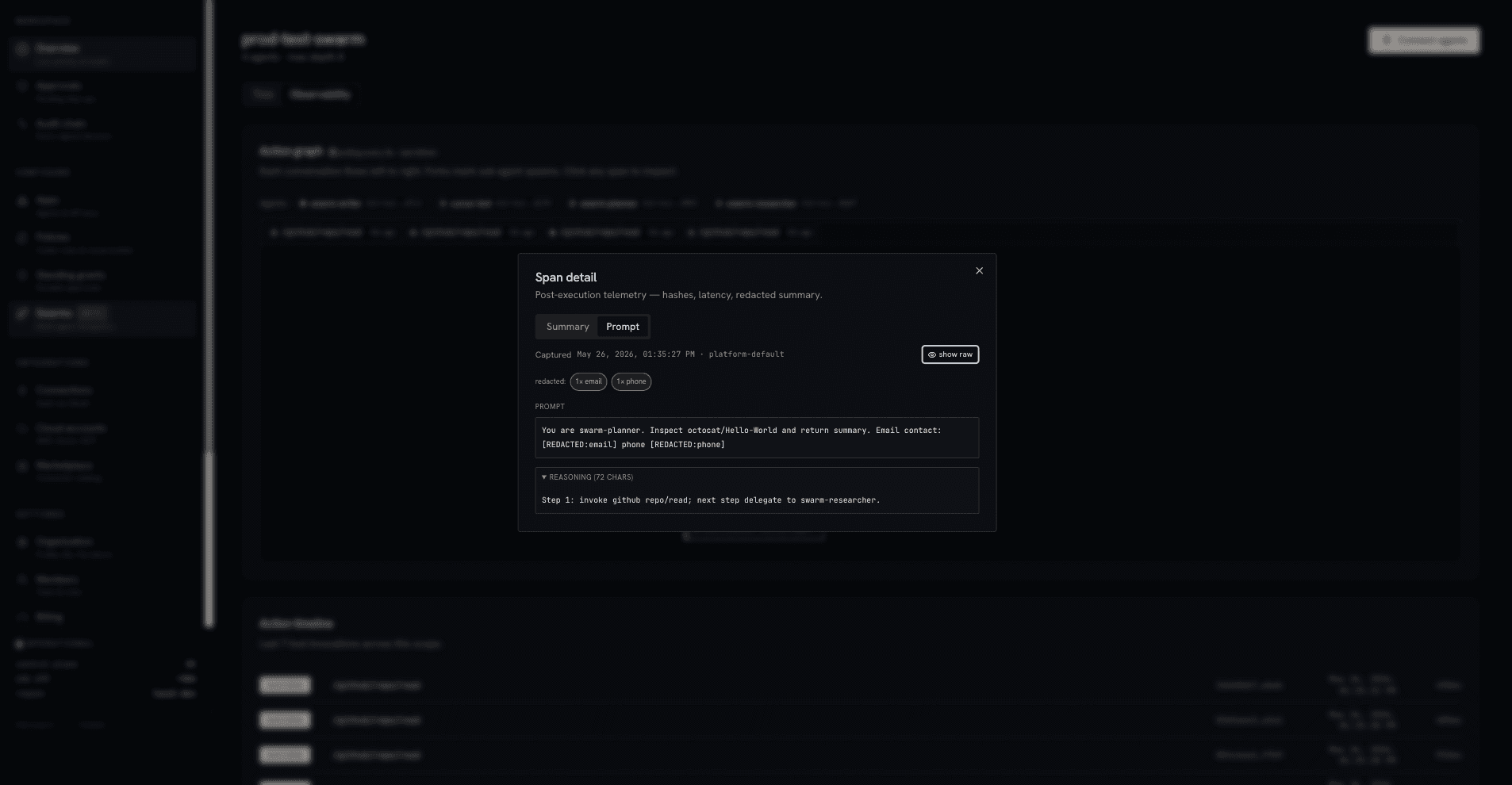 Span detail Prompt tab showing prompt with [REDACTED:email] and [REDACTED:phone] and a show raw button