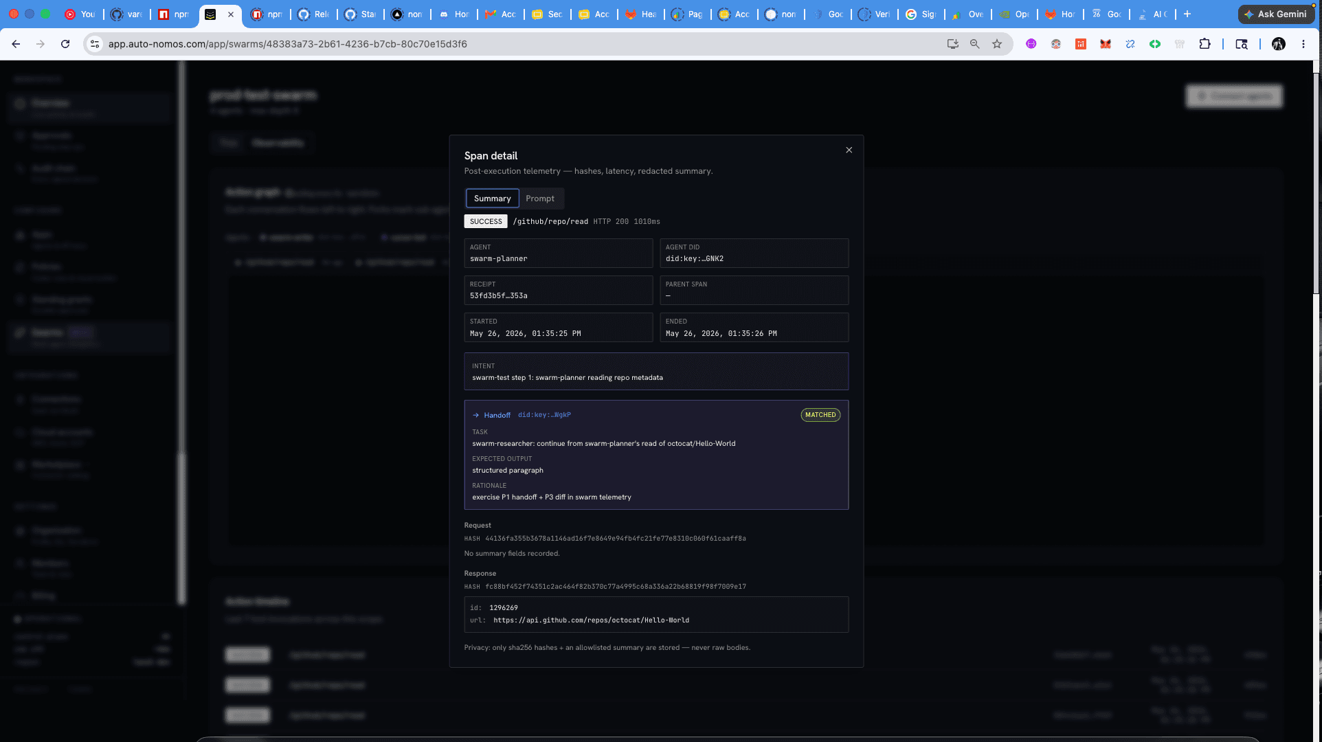 Span detail Summary tab with agent/DID, receipt, intent, a MATCHED handoff block, and request/response sha256 hashes