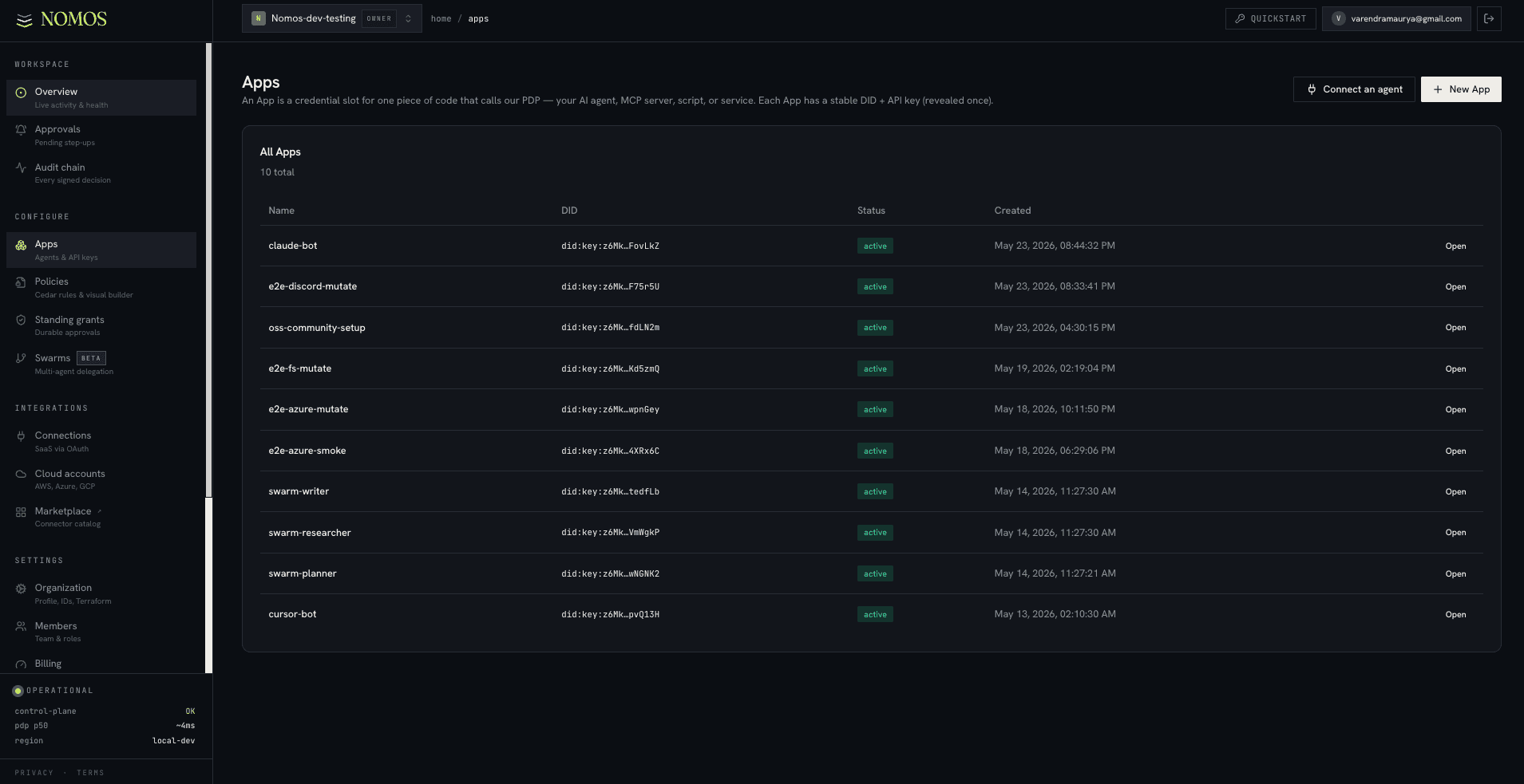 Apps list with Name / ID / Status / Created columns and New app + Connect an agent buttons