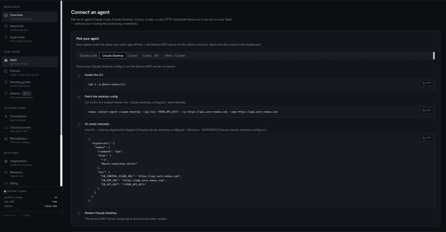 Connect an agent page, Claude Desktop tab, with CLI-patch and paste-manually options